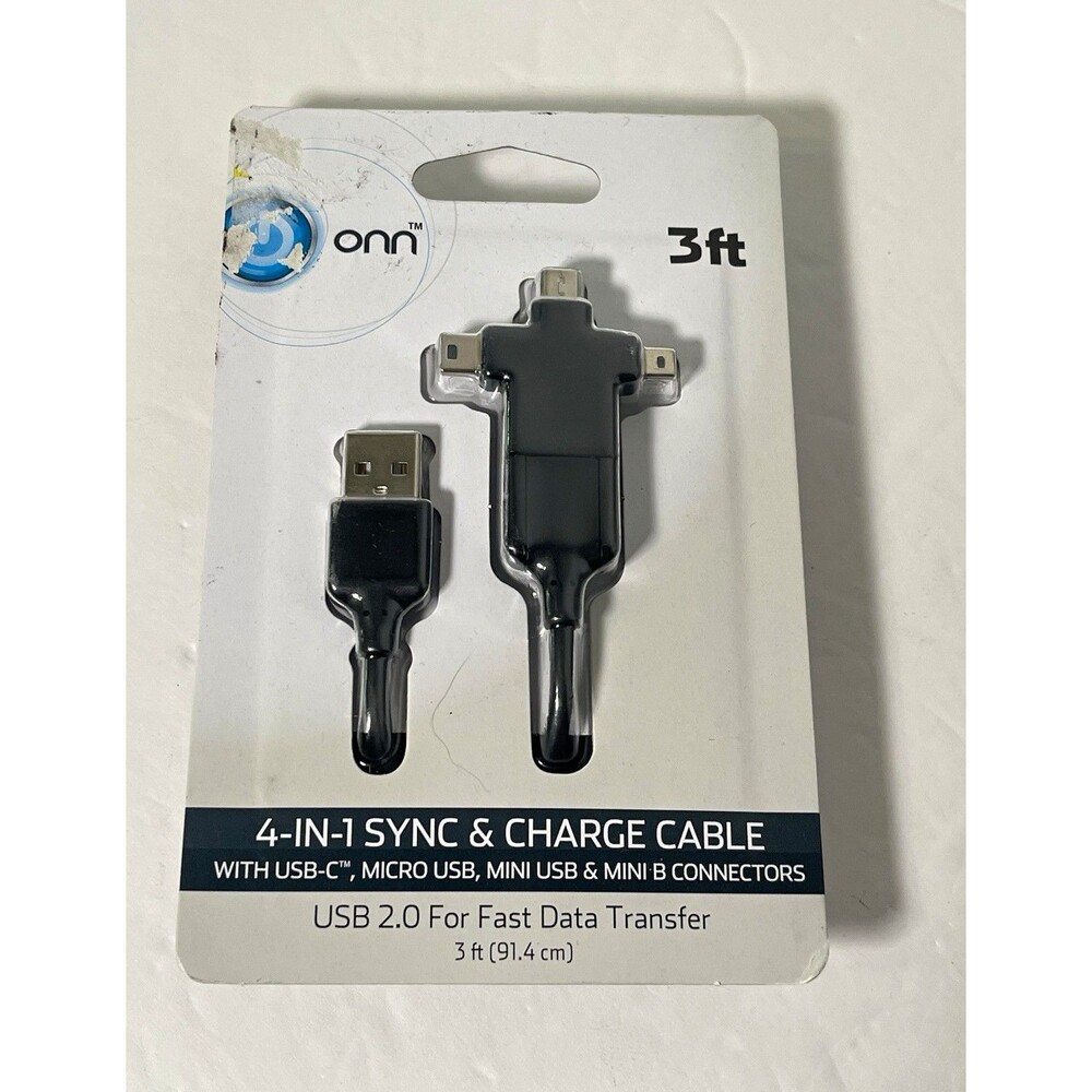 onn. 3ft Black 4-in-1 USB-A to USB-C/Micro/Mini/Mini-B Cable Fast Transfer